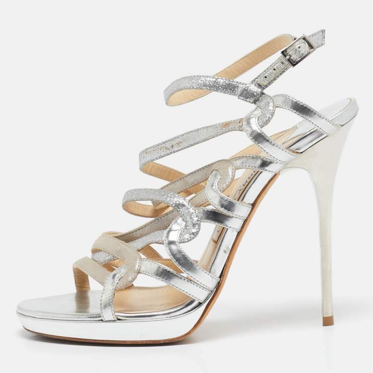 Pre Owned Jimmy Choo Silver Glitter and Leather Lance Ankle Strap Sandals Size 38