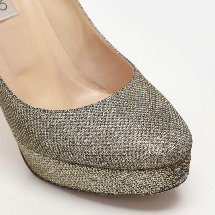 Pre Owned Jimmy Choo Gold Coarse Glitter Eros Platform Pumps Size 39.5