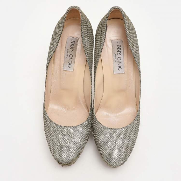 Pre Owned Jimmy Choo Gold Coarse Glitter Eros Platform Pumps Size 39.5