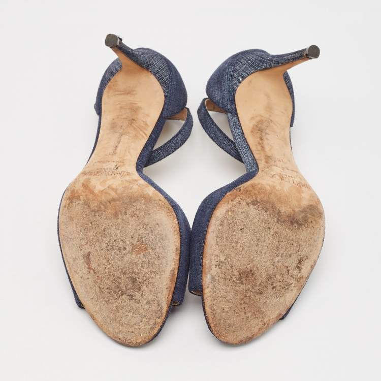 Pre Owned Jimmy Choo Navy Blue Denim Annie Ankle Strap Sandals Size 38