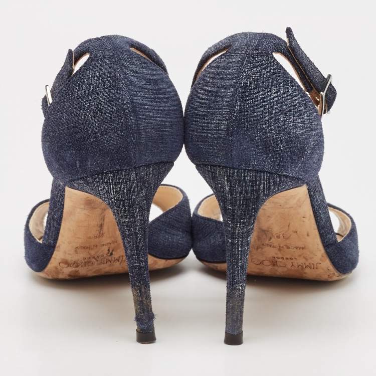 Pre Owned Jimmy Choo Navy Blue Denim Annie Ankle Strap Sandals Size 38