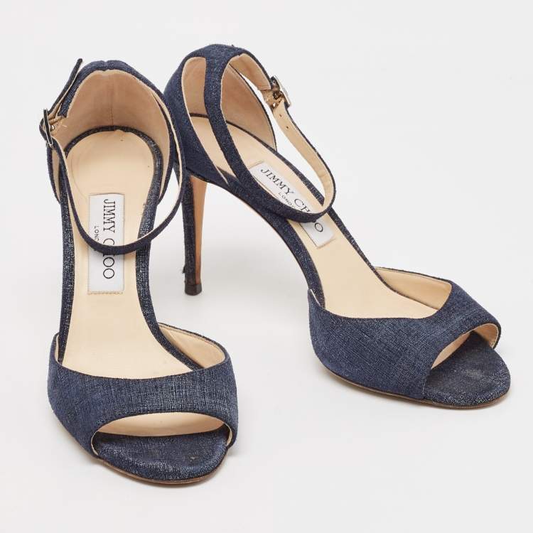 Pre Owned Jimmy Choo Navy Blue Denim Annie Ankle Strap Sandals Size 38
