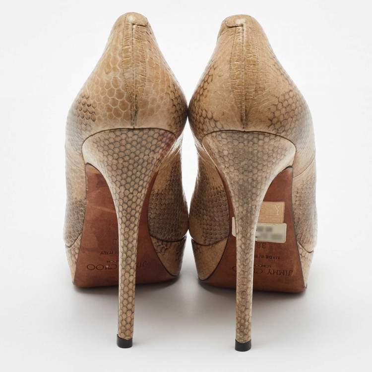 Pre Owned Jimmy Choo Beige/Brown Watersnake Leather Cosmic Volume Platform Pumps Size 38
