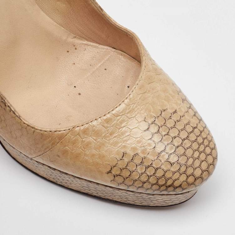 Pre Owned Jimmy Choo Beige/Brown Watersnake Leather Cosmic Volume Platform Pumps Size 38