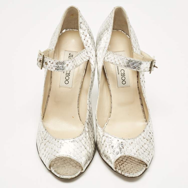 Pre Owned Jimmy Choo Silver Python Embossed Leather Mary Jane Pumps Size 38.5