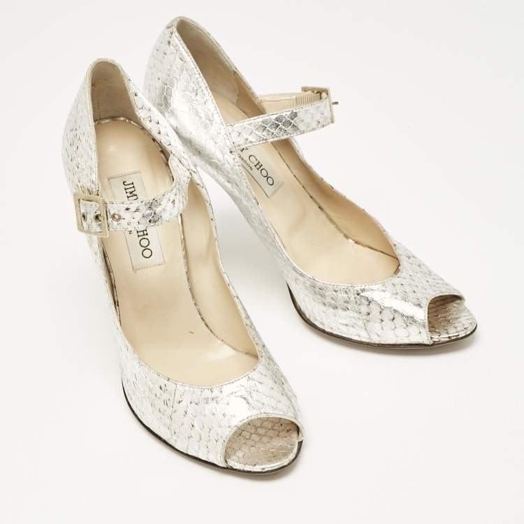 Pre Owned Jimmy Choo Silver Python Embossed Leather Mary Jane Pumps Size 38.5