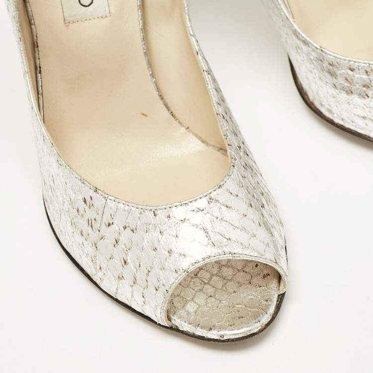 Pre Owned Jimmy Choo Silver Python Embossed Leather Mary Jane Pumps Size 38.5