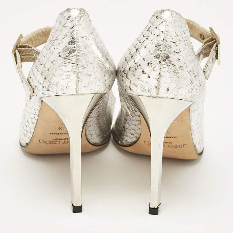 Pre Owned Jimmy Choo Silver Python Embossed Leather Mary Jane Pumps Size 38.5