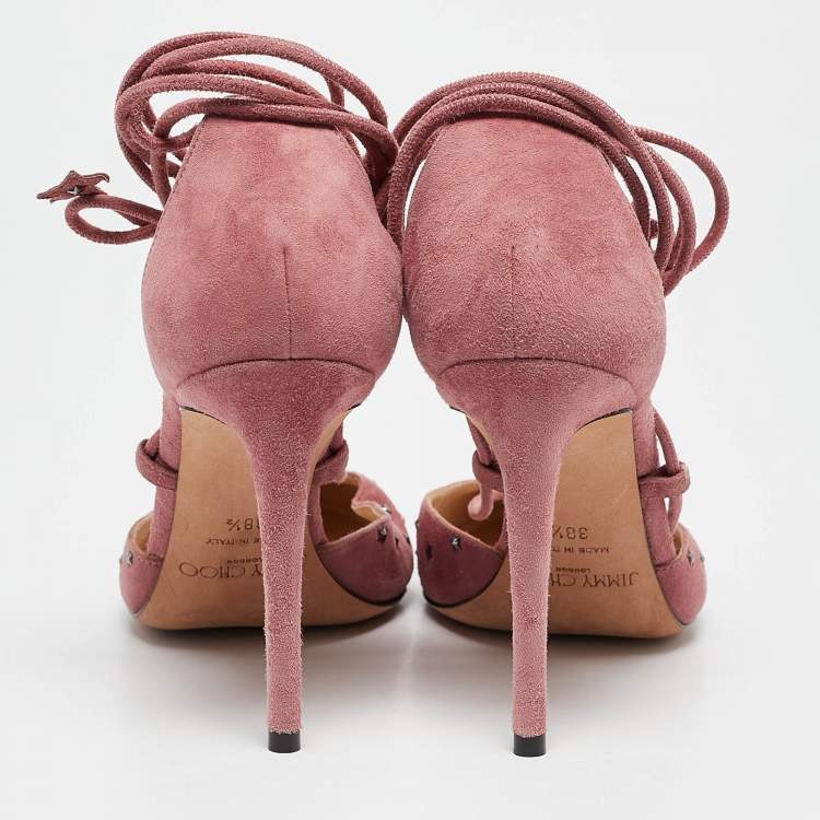 Pre Owned Jimmy Choo Pink Suede Star Studded Ankle Wrap Pumps Size 38.5