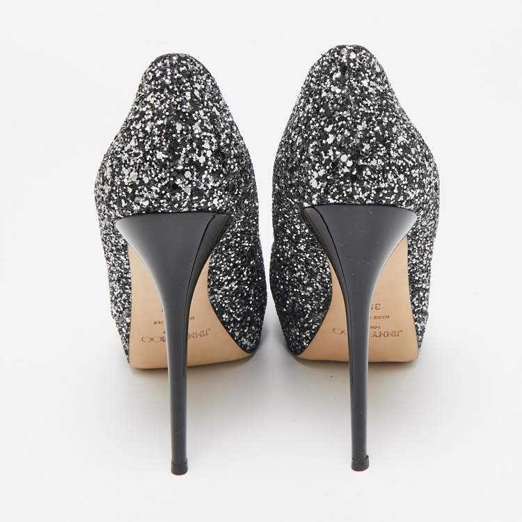 Pre Owned Jimmy Choo Silver/Black Glitter Cosmic Platform Pumps Size 39.5