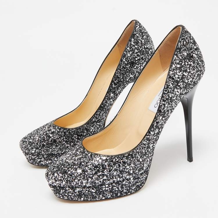 Pre Owned Jimmy Choo Silver/Black Glitter Cosmic Platform Pumps Size 39.5