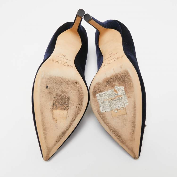 Pre Owned Jimmy Choo Navy Blue Velvet Crystal Embellished Manda Pumps Size 36