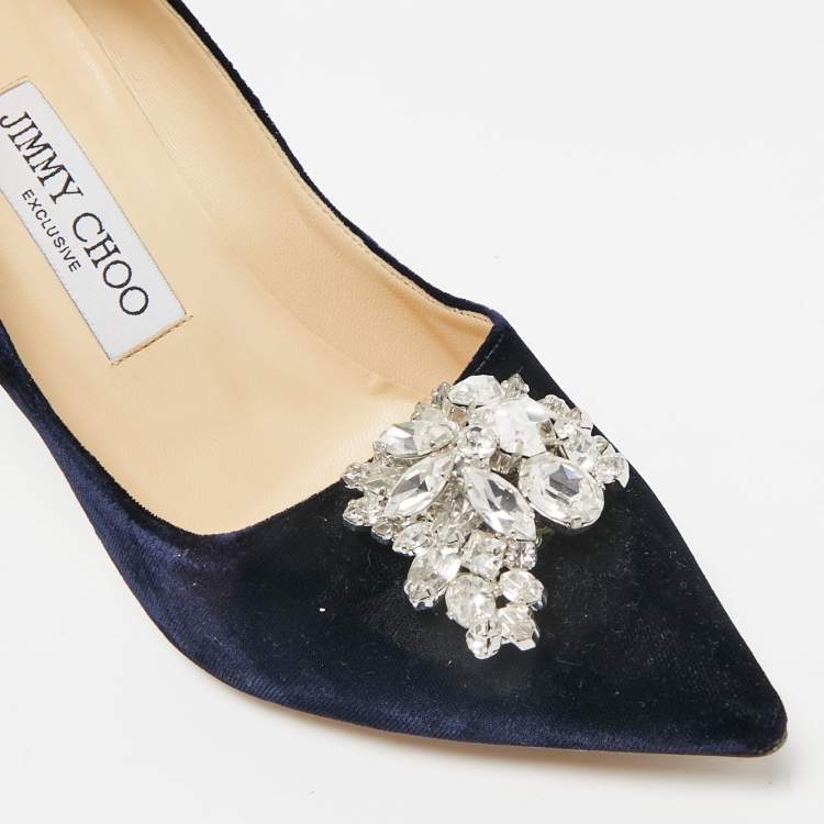 Pre Owned Jimmy Choo Navy Blue Velvet Crystal Embellished Manda Pumps Size 36