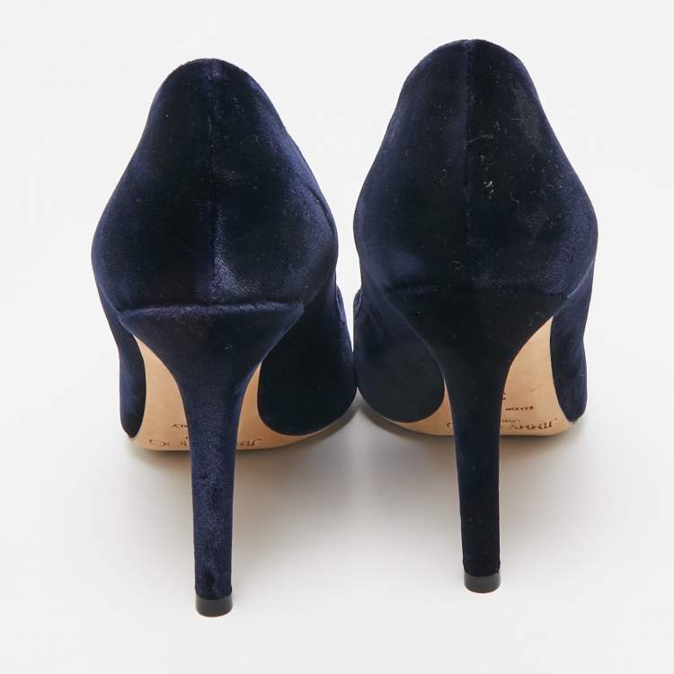 Pre Owned Jimmy Choo Navy Blue Velvet Crystal Embellished Manda Pumps Size 36