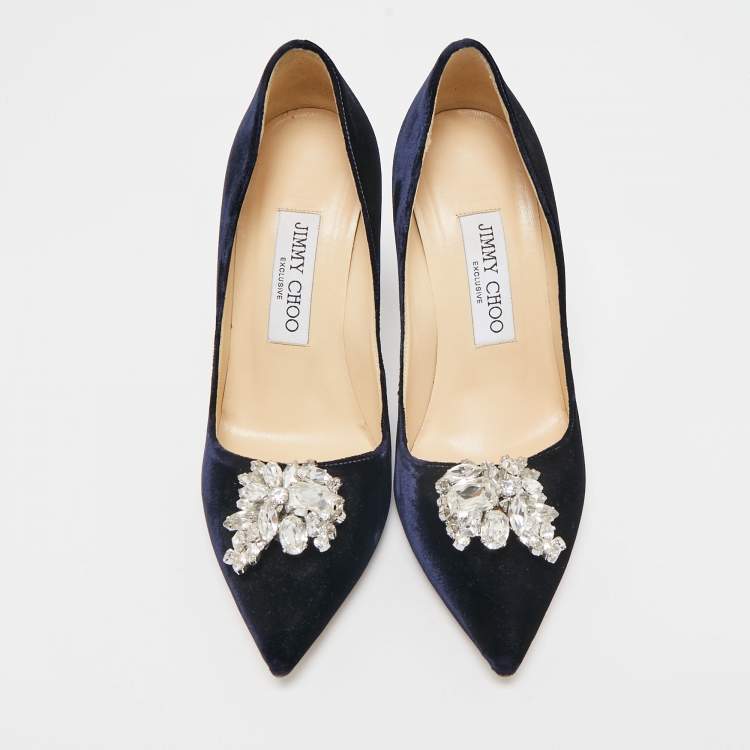 Pre Owned Jimmy Choo Navy Blue Velvet Crystal Embellished Manda Pumps Size 36