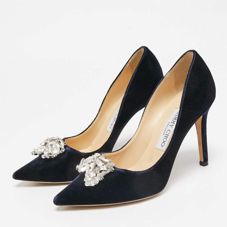 Pre Owned Jimmy Choo Navy Blue Velvet Crystal Embellished Manda Pumps Size 36