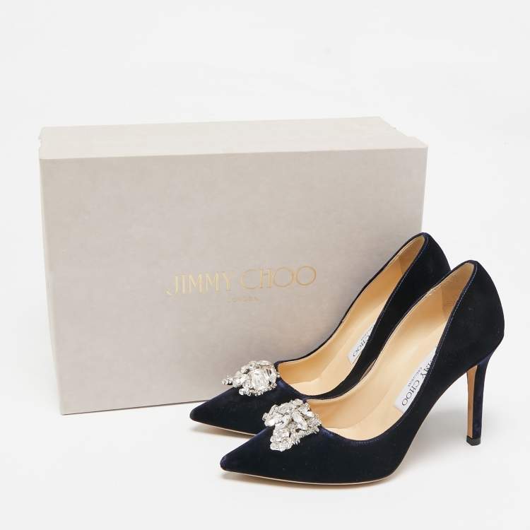 Pre Owned Jimmy Choo Navy Blue Velvet Crystal Embellished Manda Pumps Size 36