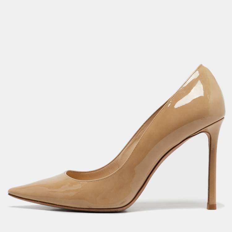 Pre Owned Jimmy Choo Beige Patent Leather Romy Pointed Toe Pumps Size 37.5