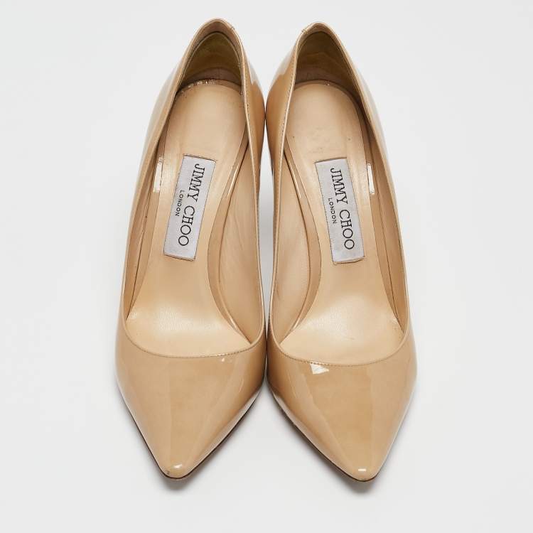 Pre Owned Jimmy Choo Beige Patent Leather Romy Pointed Toe Pumps Size 37.5