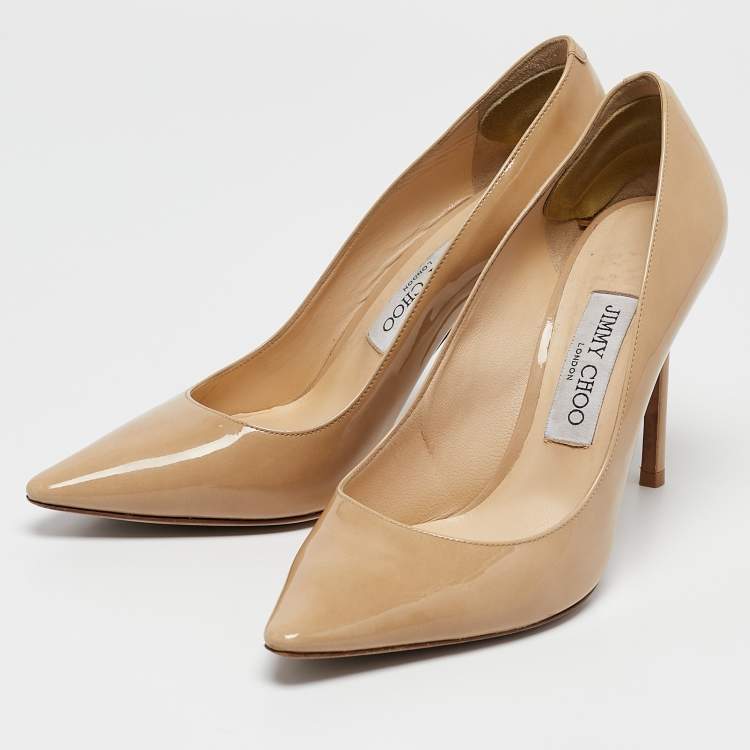 Pre Owned Jimmy Choo Beige Patent Leather Romy Pointed Toe Pumps Size 37.5