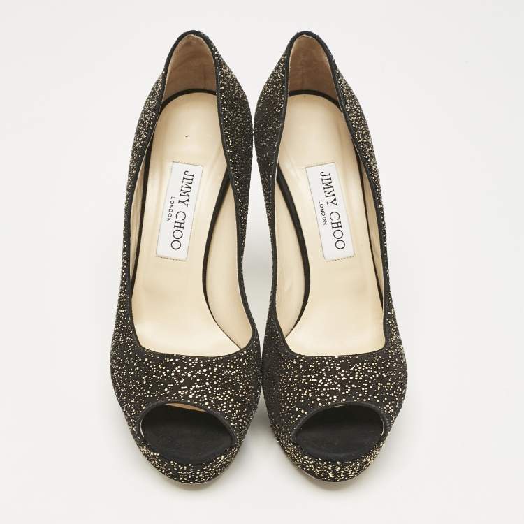 Pre Owned Jimmy Choo Black Metallic Embossed Suede Dahlia Peep Toe Platform Pumps Size 38.5