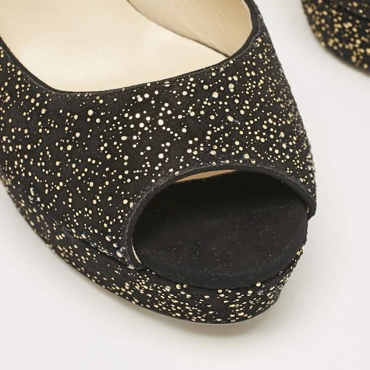 Pre Owned Jimmy Choo Black Metallic Embossed Suede Dahlia Peep Toe Platform Pumps Size 38.5