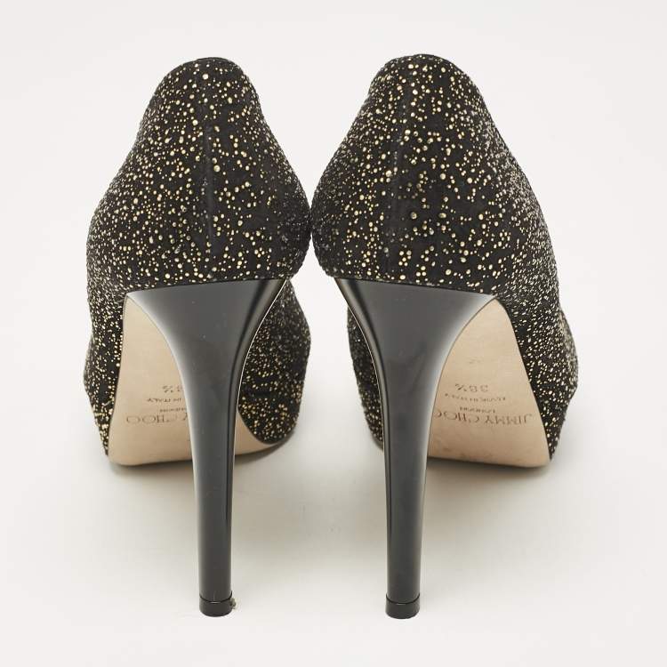 Pre Owned Jimmy Choo Black Metallic Embossed Suede Dahlia Peep Toe Platform Pumps Size 38.5