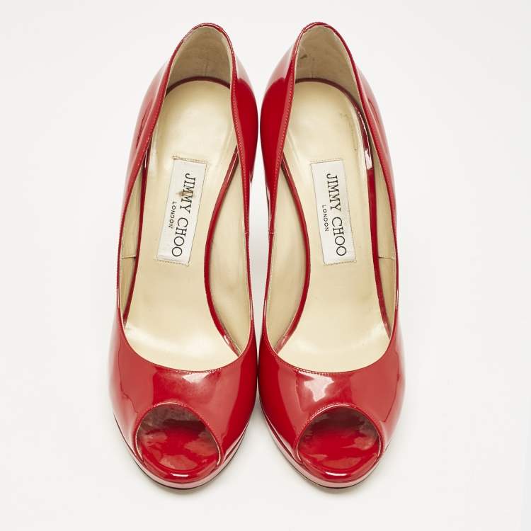 Pre Owned Jimmy Choo Red Patent Leather Quiet Peep Toe Pumps Size 38