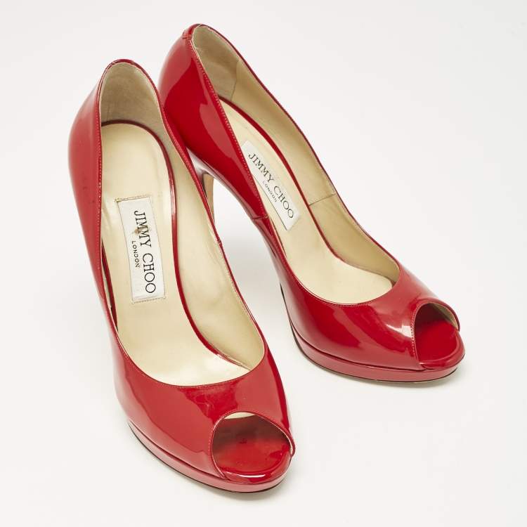 Pre Owned Jimmy Choo Red Patent Leather Quiet Peep Toe Pumps Size 38