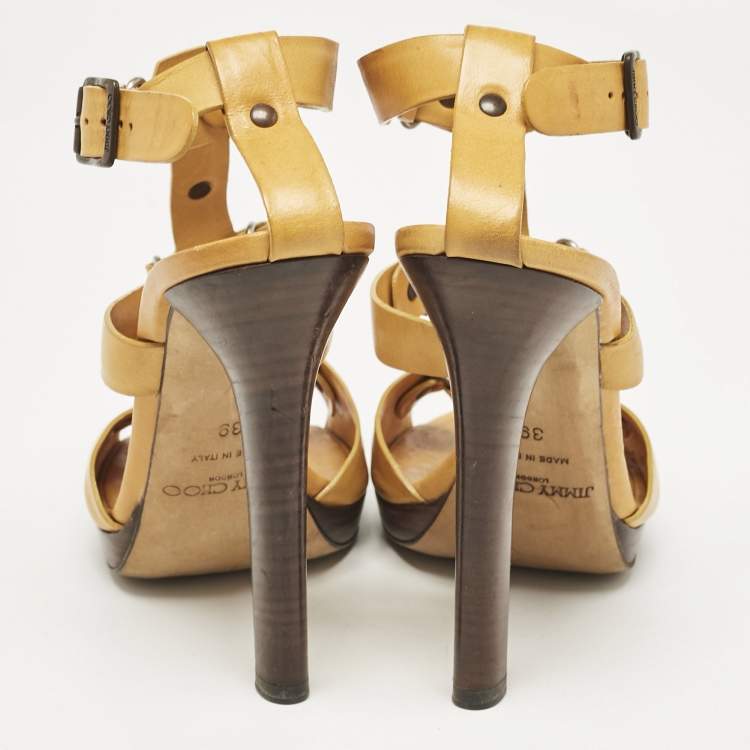 Pre Owned Jimmy Choo Mustard Yellow Studded Leather Cage Sandals Size 39