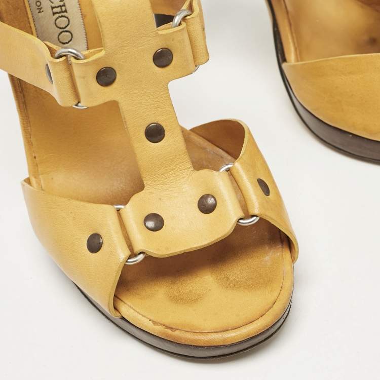 Pre Owned Jimmy Choo Mustard Yellow Studded Leather Cage Sandals Size 39