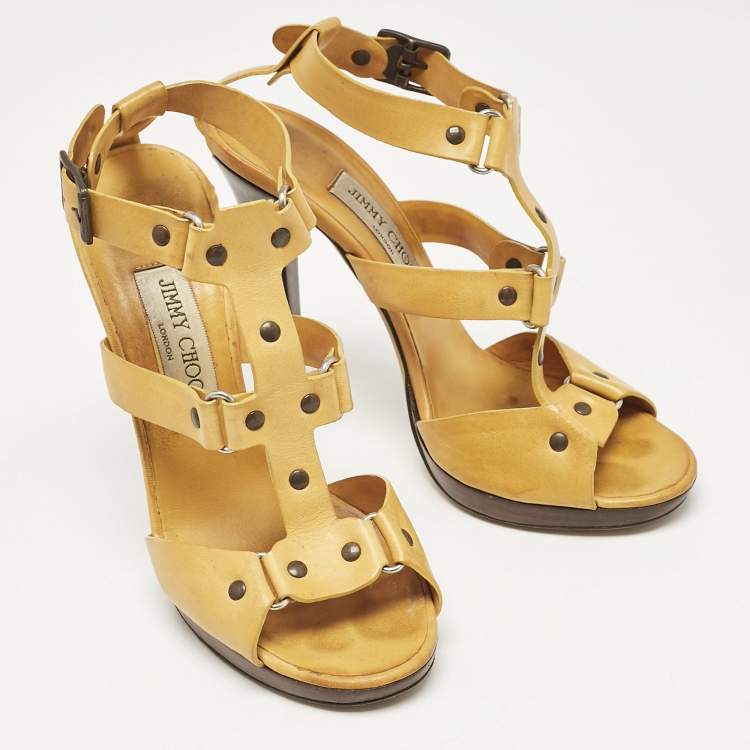 Pre Owned Jimmy Choo Mustard Yellow Studded Leather Cage Sandals Size 39