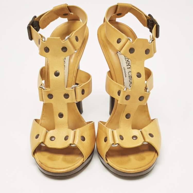 Pre Owned Jimmy Choo Mustard Yellow Studded Leather Cage Sandals Size 39