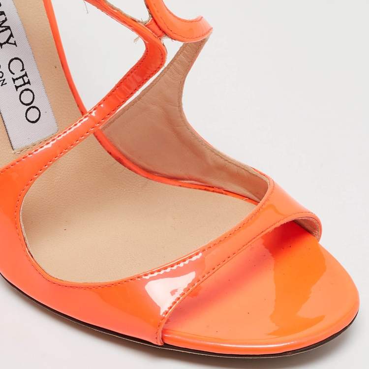 Pre Owned Jimmy Choo Orange Patent Leather Ankle Strap Sandals Size 37.5