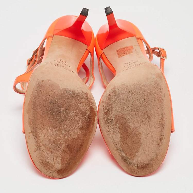 Pre Owned Jimmy Choo Orange Patent Leather Ankle Strap Sandals Size 37.5