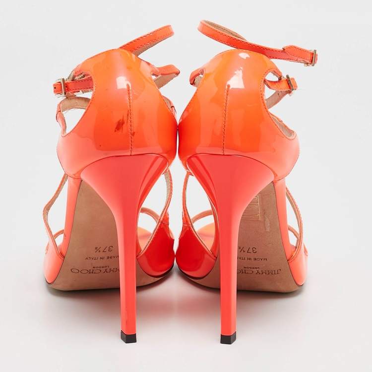 Pre Owned Jimmy Choo Orange Patent Leather Ankle Strap Sandals Size 37.5