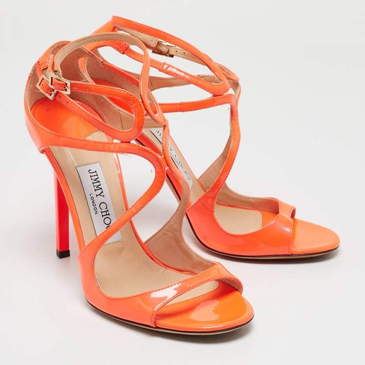 Pre Owned Jimmy Choo Orange Patent Leather Ankle Strap Sandals Size 37.5