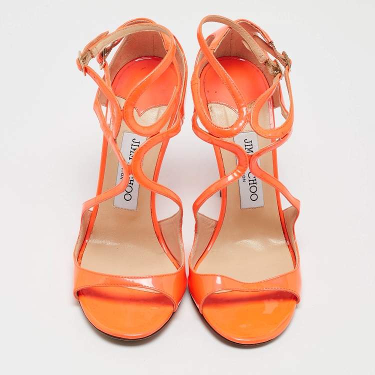 Pre Owned Jimmy Choo Orange Patent Leather Ankle Strap Sandals Size 37.5