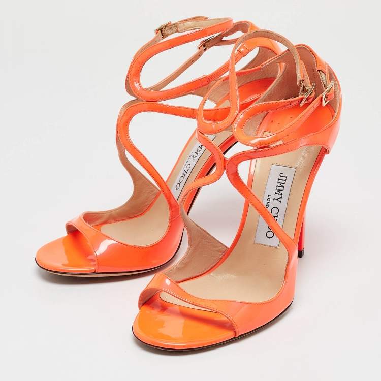 Pre Owned Jimmy Choo Orange Patent Leather Ankle Strap Sandals Size 37.5