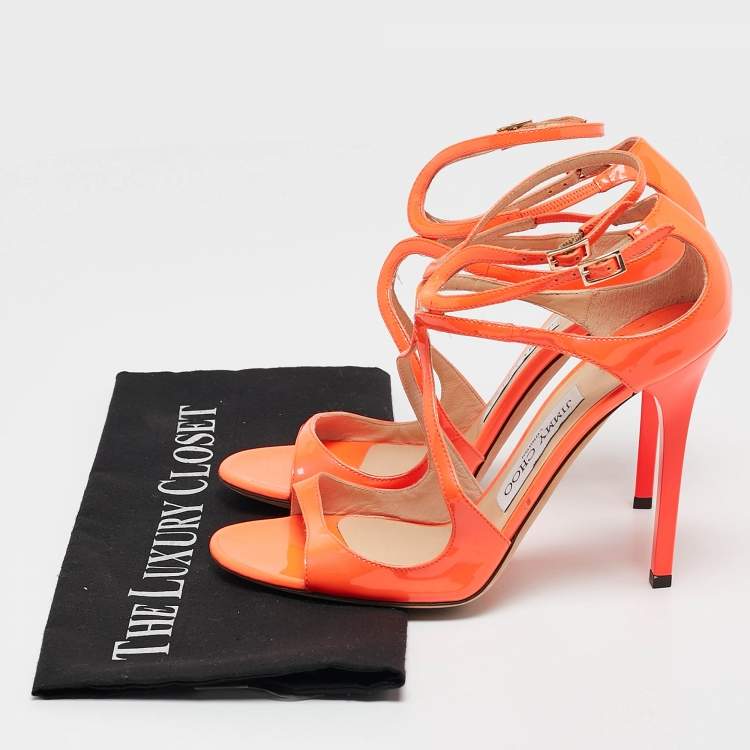 Pre Owned Jimmy Choo Orange Patent Leather Ankle Strap Sandals Size 37.5