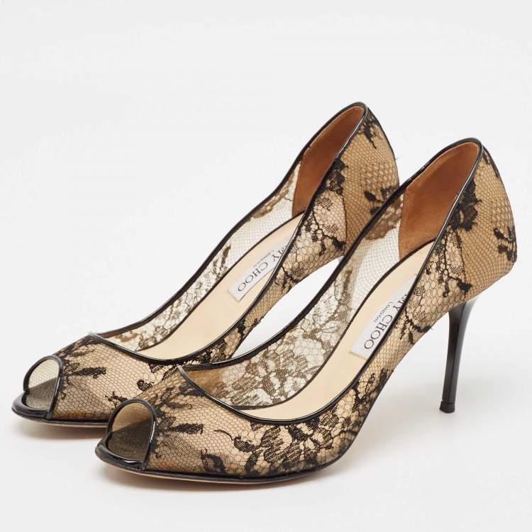 Pre Owned Jimmy Choo Black Lace Luna Peep Toe Pumps Size 39.5