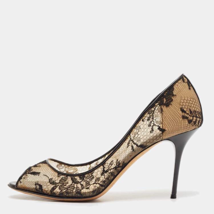 Pre Owned Jimmy Choo Black Lace Luna Peep Toe Pumps Size 39.5