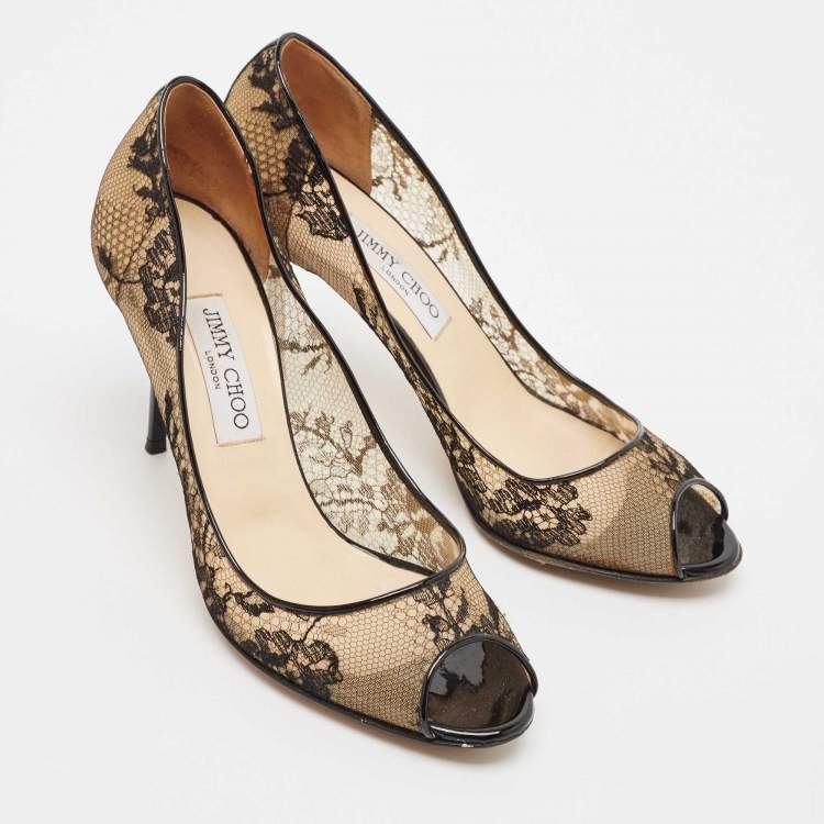 Pre Owned Jimmy Choo Black Lace Luna Peep Toe Pumps Size 39.5