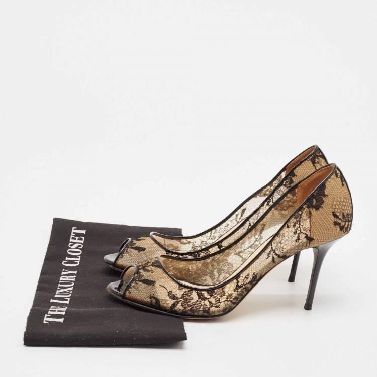 Pre Owned Jimmy Choo Black Lace Luna Peep Toe Pumps Size 39.5