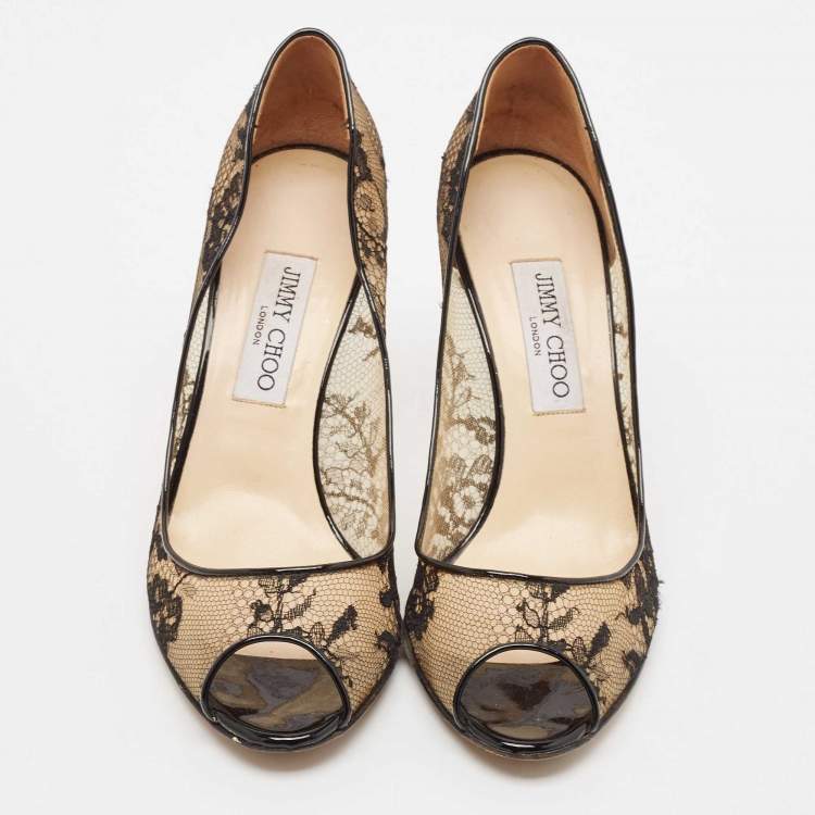 Pre Owned Jimmy Choo Black Lace Luna Peep Toe Pumps Size 39.5