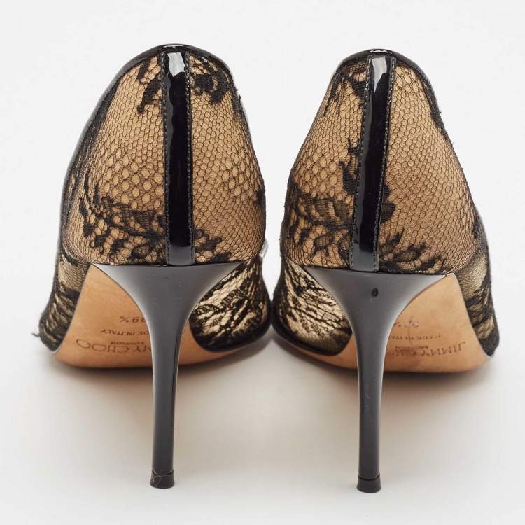 Pre Owned Jimmy Choo Black Lace Luna Peep Toe Pumps Size 39.5