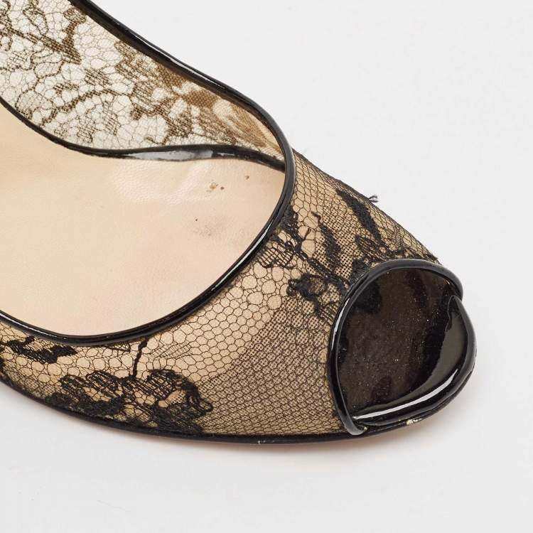 Pre Owned Jimmy Choo Black Lace Luna Peep Toe Pumps Size 39.5