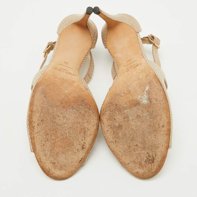 Pre Owned Jimmy Choo Beige Textured Leather Emily Cross Strap Sandals Size 39