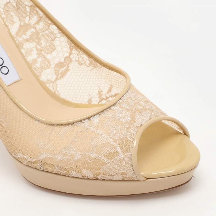 Pre Owned Jimmy Choo Beige Lace Luna Peep Toe Pumps Size 36.5