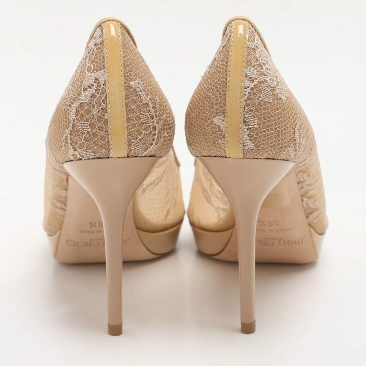 Pre Owned Jimmy Choo Beige Lace Luna Peep Toe Pumps Size 36.5